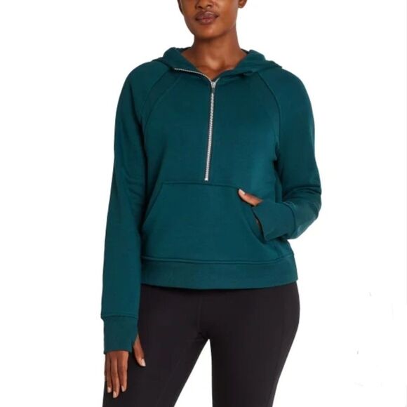 Danskin Half Zip Mixed Rib Cozy Hoodie Thumbholes Kangaroo Pocket Green Womens S - Picture 1 of 11